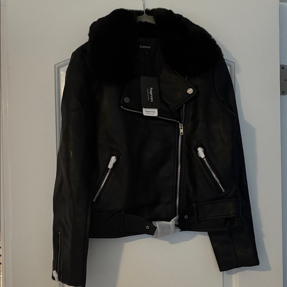 Supreme Jackets & Blazers - Black Faux Leather Moto Jacket with Fur Collar